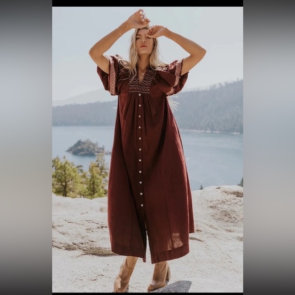 Free People Samantha Embroidered Puff Sleeve Button Front Maxi Dress Medium - Picture 8 of 16